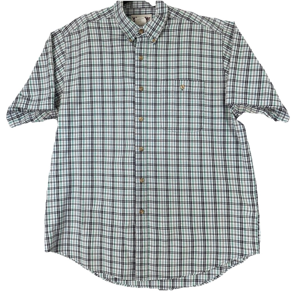 Wrangler Authentics Plaid Blue Gray White Button Up Short Sleeve Shirt XL